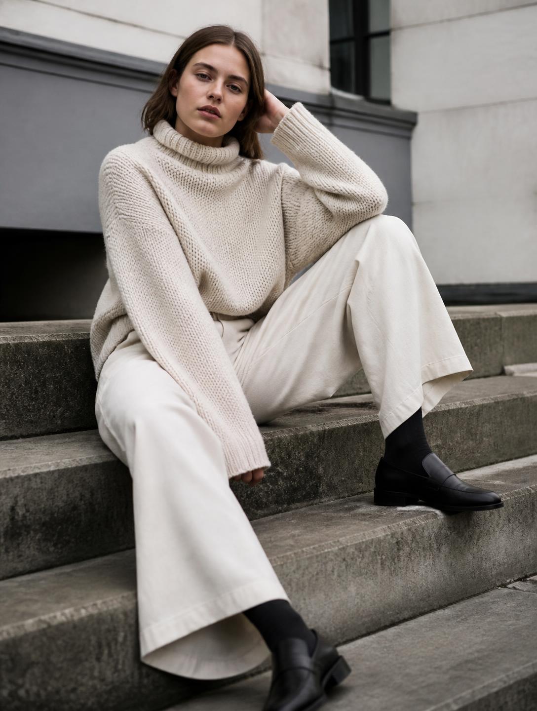 Model wearing a cream knit on stone steps